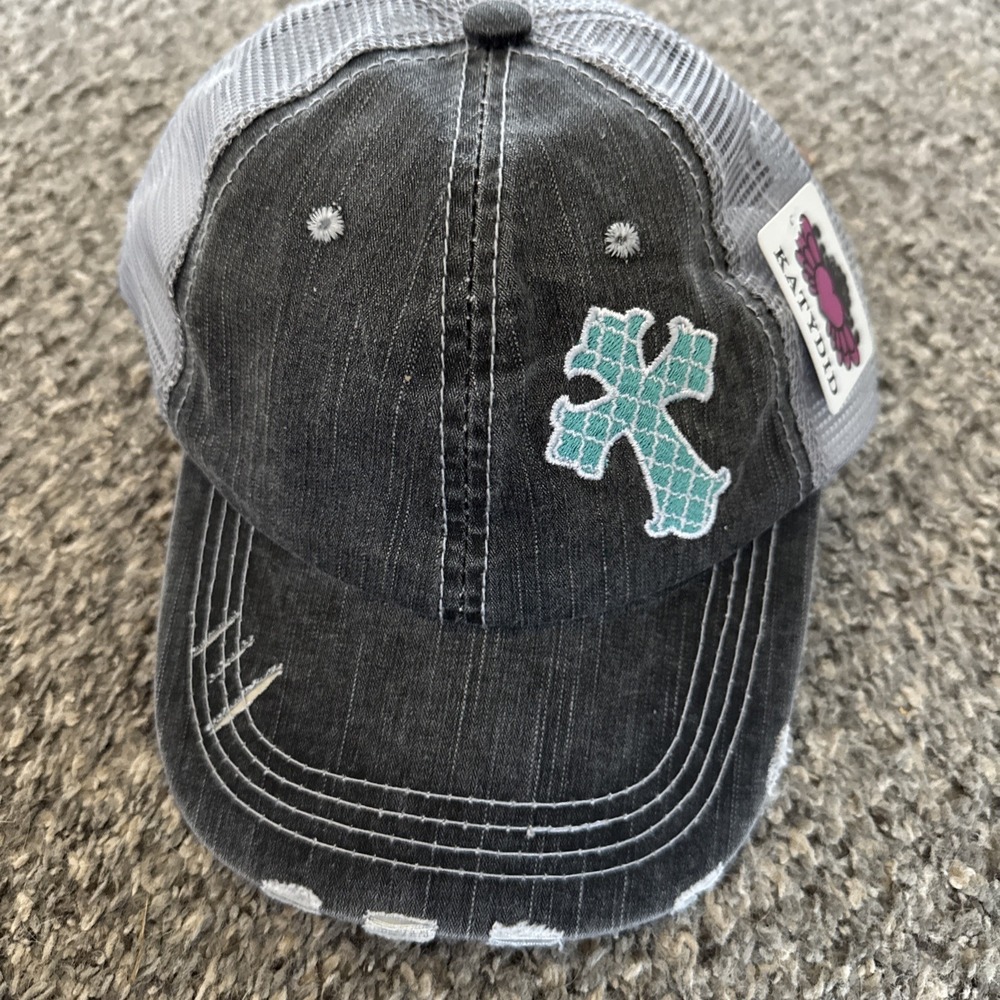 Katydid Turquoise Cross Denim Distressed Strapback Women's Trucker Hat Jesus New